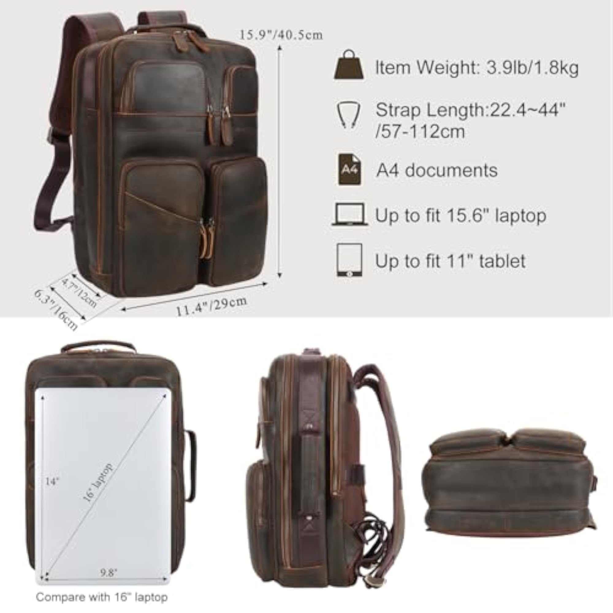 17.3" Full Grain Leather Laptop Backpack for Men