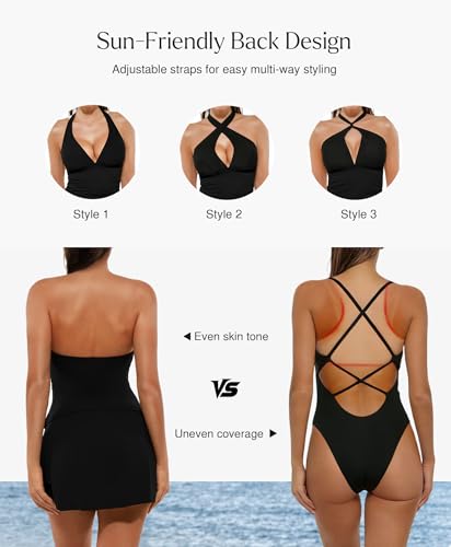 Popilush Bathing Suit for Women Two Piece Tummy Control Tankini with Skirt Halter Ruched Shapewear Swimsuits 2026 Black — view 4