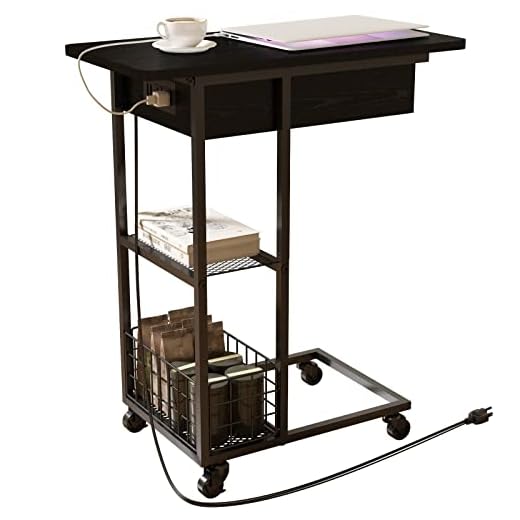 LIDYUK C Shaped End Table with Charging Station, Flip Top Side Table with USB Ports and Outlets, Sofa Side Table for Small Spaces, C Table End Table with Storage Shelf for Living Room, Bedroom, Black