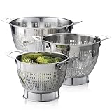 YH-Goods Stainless Steel Colander - 3-Piece Kitchen Sink Strainer Set for Pasta, Rice, Fruit, Food - Stackable Strainers and Colanders, (5-Quart, 3-Quart, and 1.5-Quart)