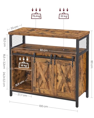 Miniatura 3 de Vasagle Aparador, Armario De Cocina, Armario De Almacenamiento, Con 2 Puertas Corredizas De Granero, 33 X 100 X 80 Cm, Estantes Ajustables, Para Salón, Marrón Rústico Y Negro Tinta Lsc092b01