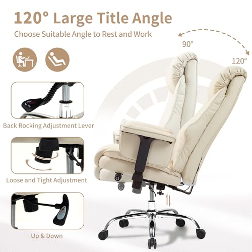 HOMEFUN Executive Office Chair Ergonomic 330lbs Big and Tall High Back Leather Desk Chairs, Adjustable Lumbar Support & Arms 120° Recline Beige - Thumbnail 6