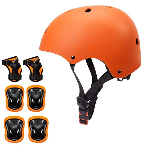 KORIMEFA Casco Infantil Equipo de Protección Patinete con Casco Adjustable certificación CE Rodilleras Coderas para Bicicleta Monopatín y Deportes Extremoscon de 3 a 13 años (m, Naranja)