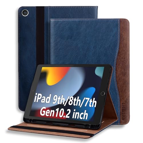 Custodia Cover per iPad 10,2 Pollici (9a/8a/7a Generazione, 2021/2020/2019) iPad Air 3 10.5' 2019 Protettivo Fascia Elastica con Pencil Holder Supporto in Pelle PU con Auto Svegliati/Sonno Blu