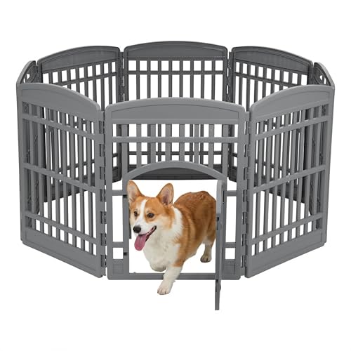 Image of IRIS USA 34 inch Dog Playpen Tall Dog Playpen Indoor - 8-Panel Puppy Playpen with Door, 63 x 63 x 34, Extra Tall Dog Play Pen Indoors for Large Dogs, Plastic Pet Playpen, Indoor Dog Pen, Gray