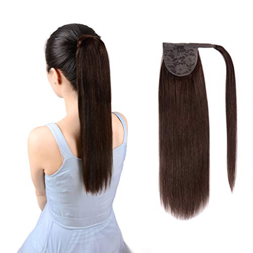 Ponytail Extension Real Human Hair Clip in 16 Inch #2 Dark Brown 80g Wrap Around Remy Ponytail