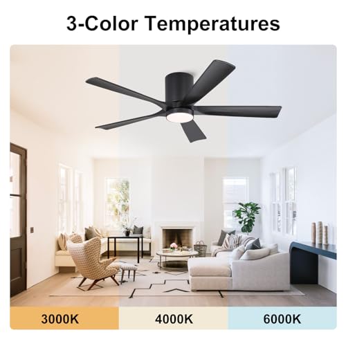 Image of ELEHINSER 52 Inch Flush Mount Ceiling Fan with Lights, Low Profile Modern Ceiling Fan with Remote, Quiet DC Motor, 6-Speed, 3CCT,Timer, 5 Solid Wood Blades, Black