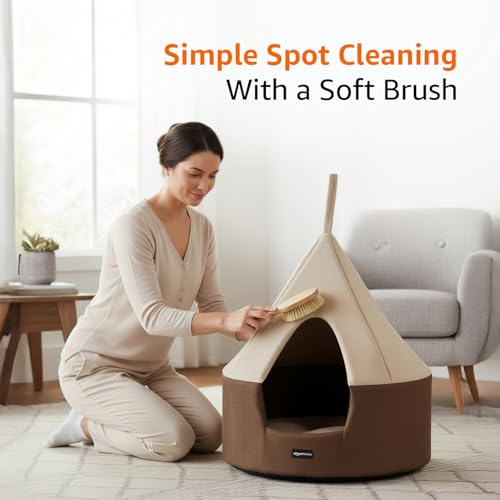 Image of Amazon Basics Pet Bed Cave | Soft & Warm Indoor Tent Bed for Cats, Kittens & Small Dogs | Foldable with Removable Cushion | Light Taupe & Coffee | Diameter 45 cm, Height 45 cm