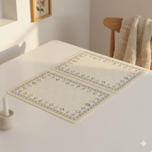 Image of YELONA Leather Dining Table Placemats Set of 2 - Waterproof, Heat Resistant, Anti-Slip, Easy to Clean Table Mats for Dining Table, Kitchen & Home Decor (Cream, 40 x 30 cm)