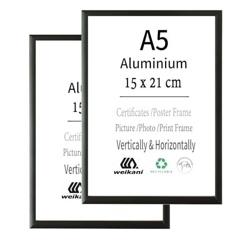 Weikani Marco de fotos de aluminio negro A5, 2 paquetes de 15 x 21 cm, marco de certificado para montaje en pared o pantalla de mesa, juego de 2