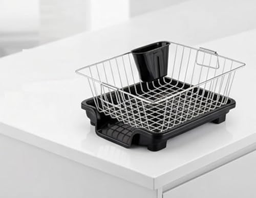 Image of Stainless Steel Dish Drying Rack with Drain Tray, Kitchen Countertop Dish Drainer Basket with Utensil Holder, Plate & Glass Organizer, Rustproof Compact Dish Rack for Kitchen Sink