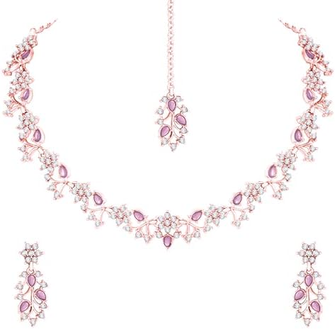 Atasi International Rose Gold Plated American Diamond AD with Purple Crystal Necklace Jewellery Set for Women & Girls (PU5871)