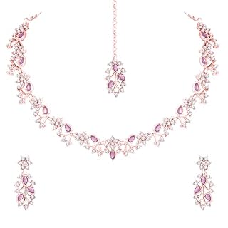 Atasi International Rose Gold Plated American Diamond AD with Purple Crystal Necklace Jewellery Set for Women & Girls (PU5871)