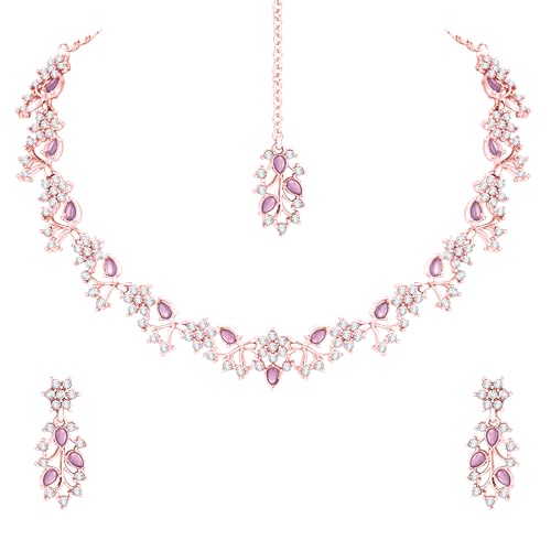 Atasi International Rose Gold Plated American Diamond AD with Purple Crystal Necklace Jewellery Set for Women & Girls (PU5871)