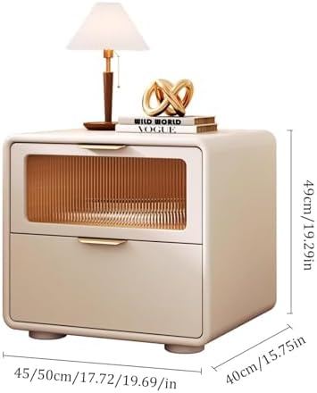 Modern Blue Wood Bedside Table with Leather Wrap, 2-Tier Storage Drawer, Steel Ball Tracks, Minimalist Multi-Purpose Side Table for Bedroom, Living Room (45 cm)