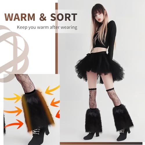 Image of Barelove Women's Faux Fur Leg Warmers, Plush Soft Furry Fluffy Winter Long Boot Cuff Wrist Covers Boots Sleeves (Black, 7.9 inch)