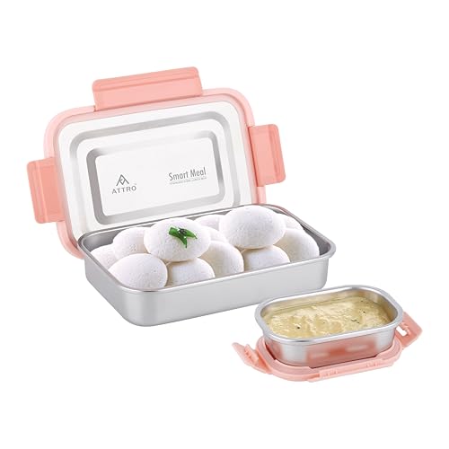 Image of ATTRO Smart Meal Big Stainless Steel Lunch Box with 1 Small Container Airtight Spill-Proof BPA Free Food Grade Ideal for Office, School, Picnic, 950ml+170ml- Peach