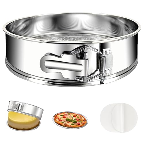 AIJOY Stainless Steel Springform Cake Pan | 9-Inch Cake Tins | Removable Bottom with 30 Sheets Baking Parchment | Compatible with Oven & Air Fryer – Ideal for Cheesecakes, Bread, Pizza & Quiches