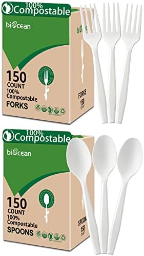 300 Pack 100% Compostable Forks Compostable Spoons No Plastic Utensils, The Heavyweight Heavy Duty Flatware is Eco Friendly Products for Lounge Party Wedding BBQ Picnic Camping.