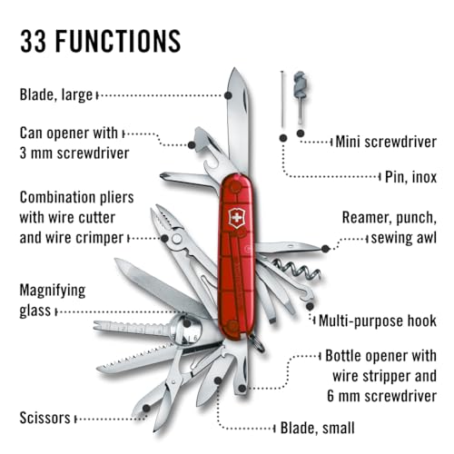 Image of Victorinox Swiss Champ Swiss Army Knife, 33 Functions, Swiss Made Pocket Knife with Large Blade, Screwdriver, Chisel and Combination Pliers - Ruby | Swiss Made pocket knife with stainless steel pliers, scissors, and large blade. Compact 91mm toolbox for camping or DIY