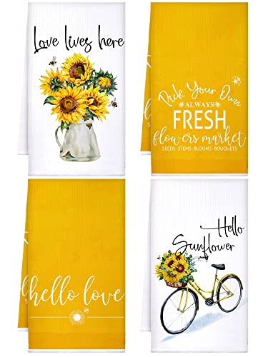4 Pcs Sunflower Kitchen Towels Decorative Dish Towels Funny Hand Towel Absorbent Kitchen Cloths Buffalo Plaid Tea Towels Housewarming Gifts 16 X 24 Inch (Yellow, Sunflower) #TOP9