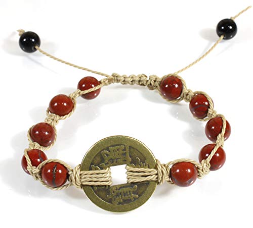 Image of Good Karma, Red Jasper Macrame Bracelet with Chinese Medallion, Adjustable