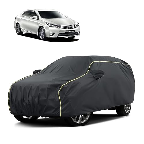 Image of Sulfar 100% Water Resistant Car Body Cover Compatible with Mirror for Toyota Altis (Triple Stitched, Full Bottom Elastic, Dark Grey Taffeta with Yellow Piping)