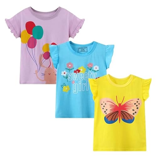 Image of Girls Graphic T Shirts 3 Pack 100% Cotton Short Sleeve Tees for Toddler Little Big Girls Cute Printed Casual Summer Tops