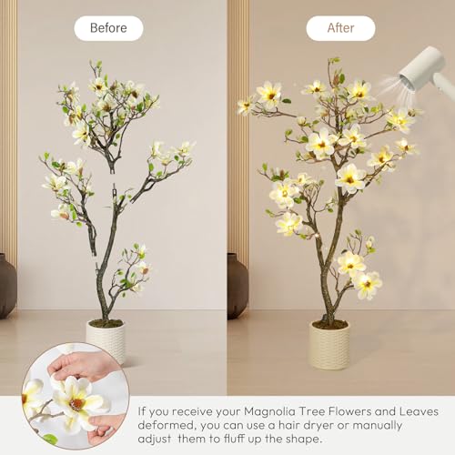 5FT Faux Magnolia Plant Artificial Flower Trees Fake Plants for Yard Patio Home Office Arrangement Decor Artificial Magnolia Tree Inc. 120 Realistic Flowers Vivid Leaves Mosses Lighting White Pot