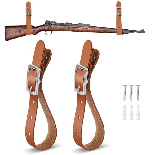 Vercraft 2 Pcs Leather Adjustable Gun Rack Straps Wall Mount Holder for Rifle, Shotgun, Axe, Hatchet, Sword and Tools, Hunting Decor with Screws and Expansion Bolts (Brown)