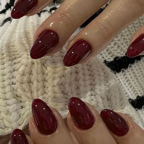 TESGADGETS Conjunto de 30 unhas falsas curtas ovais, cor de vinho, acrílicas, mandala, naturais redondas, unhas falsas em gel bordô, conjunto