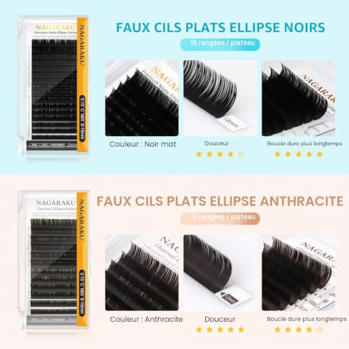 NAGARAKU Ellipse Plat Cils Double Pointe Flat Lash Split Tips Boucle Stable Effet Dense Naturel Individuels Professionnel pour Extension de Cils Volume Classique Noir Intense 16 Rows (0.20 D 8-15mm) – vue 8