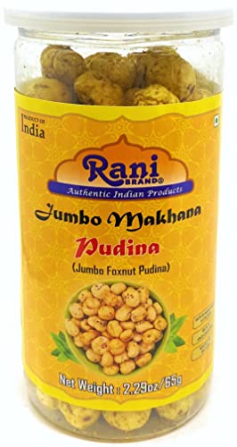 Image of Rani Jumbo Phool Makhana (Fox Nut /Popped Lotus Seed) Mint (Pudina) Savory Flavor 2.29oz (65g) Vacuum Sealed, Easy Open Top, Resealable Container ~ Indian Tasty Treats | Vegan | NON-GMO | Indian Origin