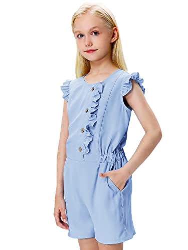 Kids Summer Solid Romper Girls Fly Sleeve Elastic Waist Outfits Back To School Clothing Light Blue 9-10 Years #TOP4