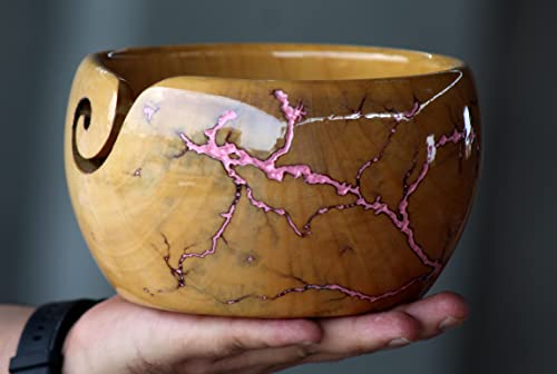 Image of Lichtenberg Figure Yarn Bowl - Handmade Wooden Yarn Bowl for Knitting Yarn Ball Holder - Yarn Bowls with Holes Crochet Bowl Holder - Yarn Storage Bowl 7 inch x 4 inch inches (Pink)