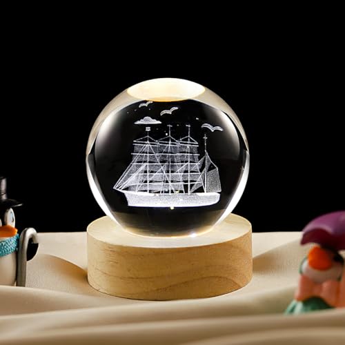 Image of 3D Sailboat Crystal Ball Lamp with Dimmable LED and Wooden Base, Night Light for Kids Teens Adults, Home Desk Office Bedroom Decor, Birthday Gift (2.4 inch / 6cm)