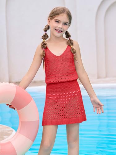 Image of Haloumoning Girls Sleeveless Crochet Swimsuit Cover Up Kids Summer Hollow Out Knitted Beach Dress 7-14 Years