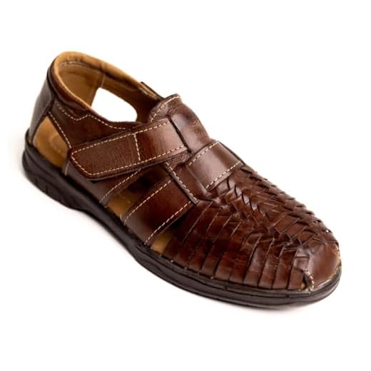 Mexico en la Piel Sandálias masculinas feitas à mão de couro Fisherman Huaraches – couro legítimo, tira de velcro ajustável, design fechado, sapatos casuais e confortáveis – Disponível em bege e moka,