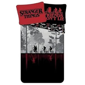 Jerry Fabrics Stranger Things Upside Down eenpersoons dekbedovertrek en kussensloop set, Europese maat voor kinderen, tieners, fans in zwarte en rode kleuren