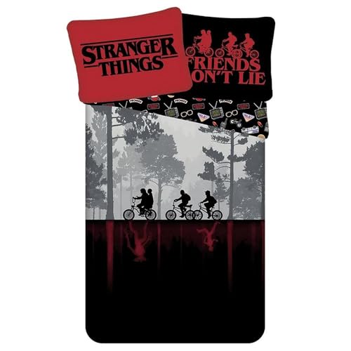 Jerry Fabrics Stranger Things Upside Down Single Duvet Cover and Pillowcase Set - European Size for Kids teenagers Fans in Black and Red Colours