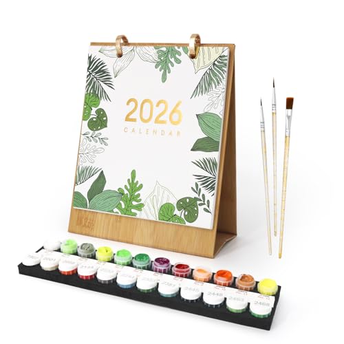 Malen Nach Zahlen Kalender 2026 - DIY Tischkalender Set, 12 Verschiedene Grünpflanzen Handgemalte Ölgemälde Tischkalender für Erwachsene, Kalender mit Pinsels und Acrylfarbe für Zuhause,Weihnachtsgesc