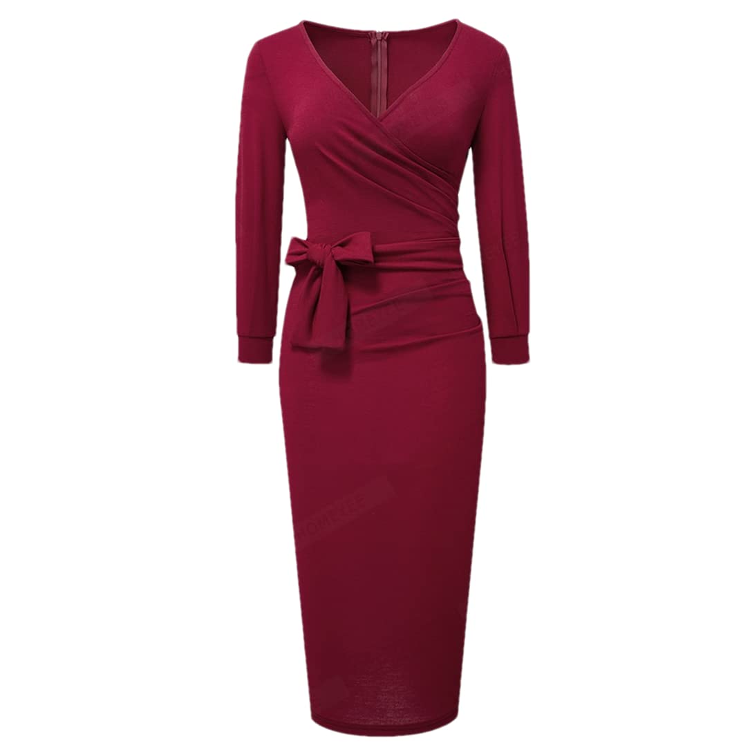 Adhdyuud Vestido elegante de color sólido con cordones para mujer, vestido formal de oficina de negocios, rojo oscuro, L