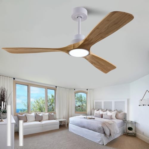 Image of QUTWOB 52 inch Wood Ceiling Fan with Light, Reversible DC Motor, Remote Control | solid wood blades, quiet 6-speed reversible dc motor, remote with memory, 3-color led, for indoor outdoor patio bedroom