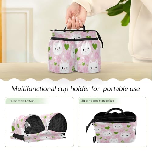 Image of Luggage Cup Holder for Suitcases Free Hands Suitcase Cup Holder Travel Luggage Drink Holder Portable Luggage Cup Caddy Bag Carrier with Handle Pink Cute Sakura Cat Faces Hearts