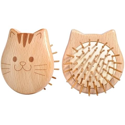 Maji Mama Wood Hairbrush,Cute Cat Face Brush for Kids,Children,Boys,Girls,Women,Handmade Mini Travel Hair Brush Natural Wooden Scalp Massager Brush for Detangling,Massage Cover