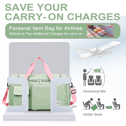 WOOMADA Foldable Travel Duffel Bag for Women, Weekender Bags with Shoes Compartment,Overnight Bag with Wet Pocket & Trolley Sleeve(Green&Pink) — view 4