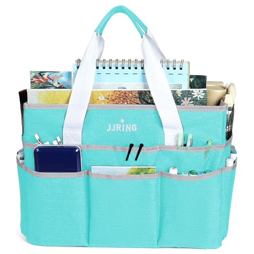 Image of JJRING Craft Organizer Tote Bag, Large Art Storage Caddy with Multiple Pockets, Sky Blue Sewing Bag for Art, Craft, Scrapbooking, School, Medical, and Office Supplies Storage