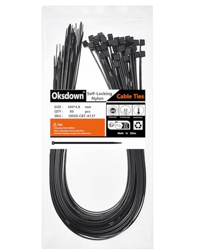 Oksdown Cable Ties 450mm×4.8mm Black Thick Heavy Duty Large Strong Nylon Plastic Self Locking 18 inch/45 cm Extra Long Zip Tie Wraps 50 Pack