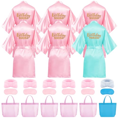 24 Pezzi Accappatoio Spa per Bambine, Kit Accappatoio Rosa per Festa Spa 6 Accappatoi 6 Borse 6 Fasce per la Testa 6 Maschere per Occhi Spa, Rosa/blu., 68
