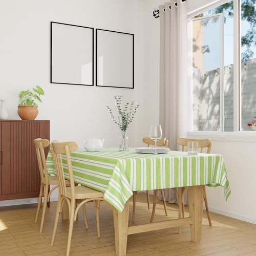 Image of Encasa XO Cotton Rectangular Table Cloth for 4 to 6 Seater | (142x180 cm) | Franca Lime Stripes | Dining Tablecloth for Decoration